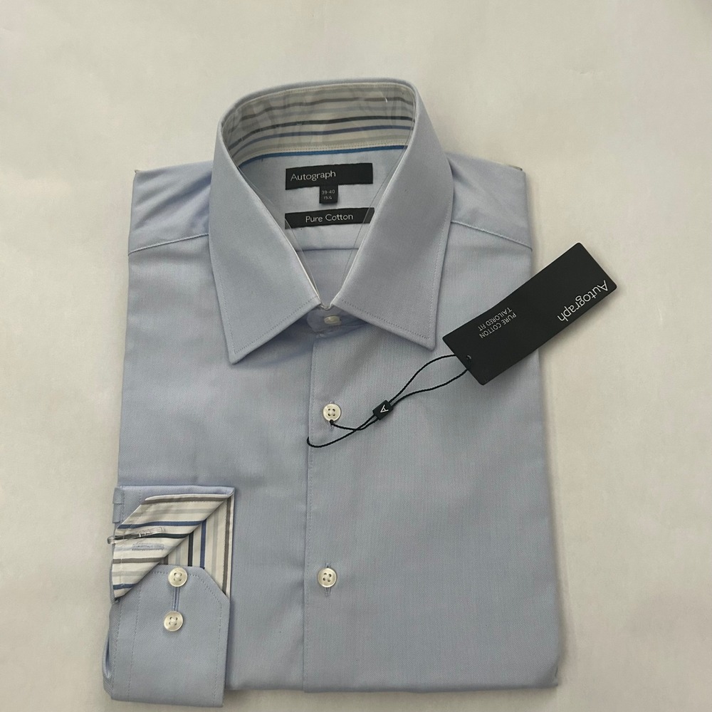 M & S Autograph Mens Blue Contrast Cuff‎ Tailored Fit Dress Shirt 39-40 15.5